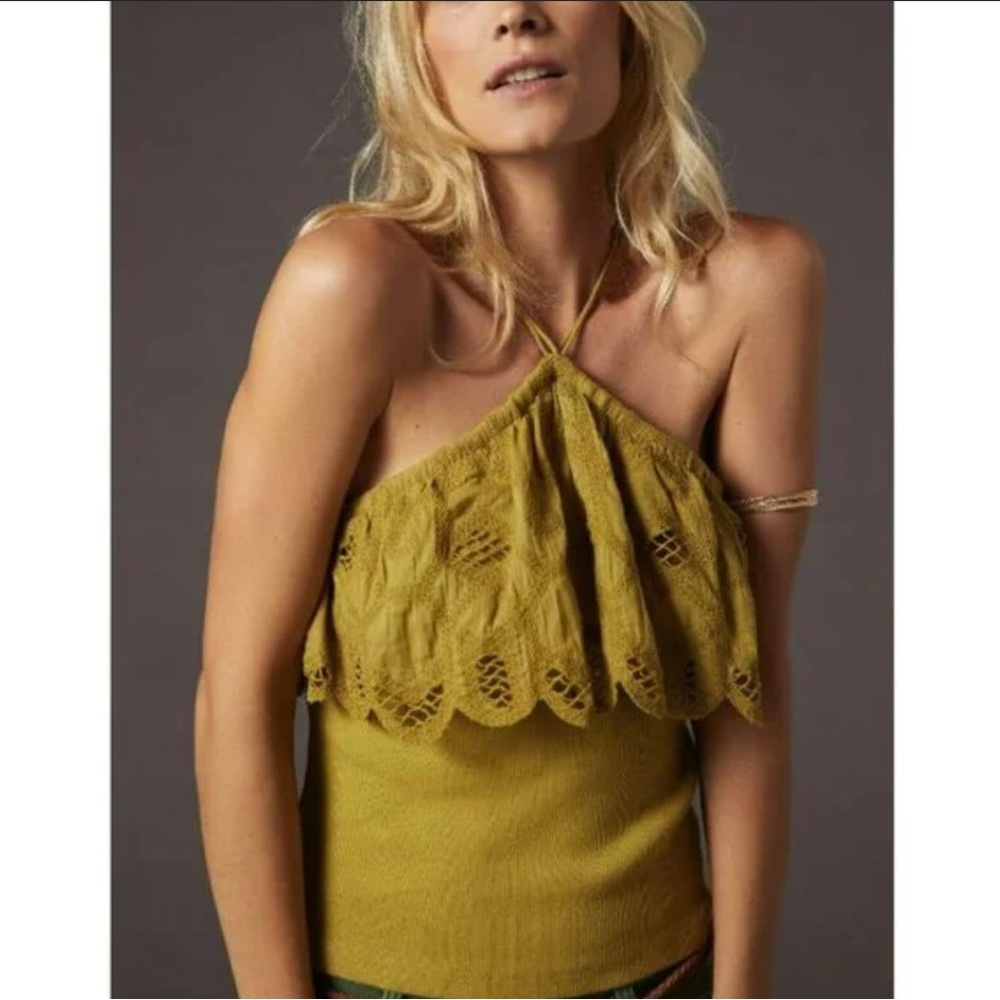 ANTHROPOLOGIE Ruffled Halter Lace Green Tank Top/ Boho Summer Spring Cottagecore